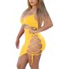 imageWomens Sexy Sleeveless Bodycon Club Mini Dress 2024 Summer Spaghetti Strap Cut Out Two Piece Skirt SetsYellow