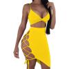 imageWomens Sexy Sleeveless Bodycon Club Mini Dress 2024 Summer Spaghetti Strap Cut Out Two Piece Skirt SetsYellow