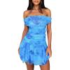 imageKaximil Womens Off The Shoulder Floral Mini Dress Ruffle Hem Ruched Corset Short Cocktail Party DressesBlue