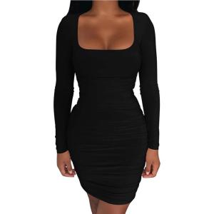 imageKaximil Womens Sexy Bodycon Ruched Mini Club Dress Long Sleeve Basic Casual DressesBlack