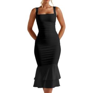 imageKaximil Womens Sexy Bodycon Ruched Square Neck Midi Dresses Elegant Sleeveless Ruffle Cocktail Party Dress Medium Black