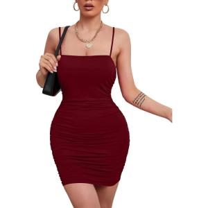 imageKaximil Womens Sexy Bodycon Spaghetti Strap Ruched Mini Club DressesWine Red