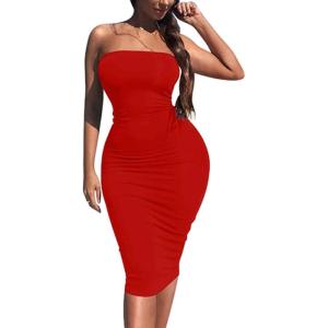 imageKaximil Womens Sexy Bodycon Strapless Midi Club Tube Dress Basic Casual DressesRed