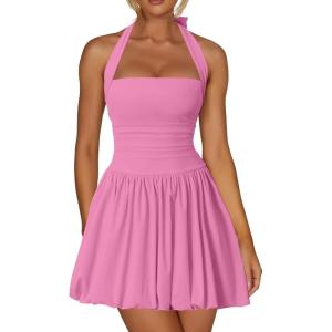 imageKaximil Womens Sexy Halter Corset Mini Dress Bubble Ruched Waist Club Party Dresses with Builtin ShortsPink