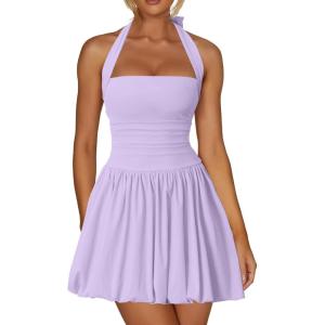 imageKaximil Womens Sexy Halter Corset Mini Dress Bubble Ruched Waist Club Party Dresses with Builtin ShortsPurple