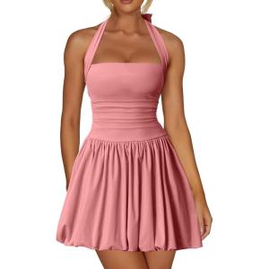 imageKaximil Womens Sexy Halter Corset Mini Dress Bubble Ruched Waist Club Party Dresses with Builtin ShortsWater Pink