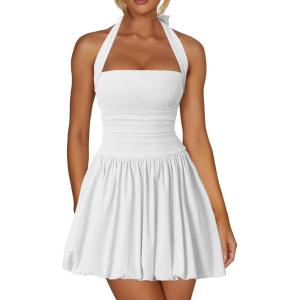 imageKaximil Womens Sexy Halter Corset Mini Dress Bubble Ruched Waist Club Party Dresses with Builtin ShortsWhite