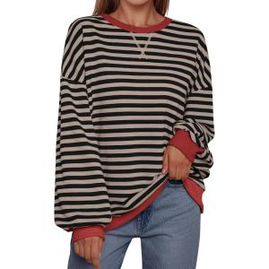 imageTrendy Queen Oversized Sweatshirt for Women 2025 Summer Crewneck Striped Long Sleeve Shirts Hoodies Cute Top Y2K OutfitsBlackkhaki