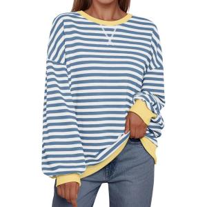 imageTrendy Queen Oversized Sweatshirt for Women 2025 Summer Crewneck Striped Long Sleeve Shirts Hoodies Cute Top Y2K OutfitsBluewhite