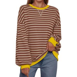 imageTrendy Queen Oversized Sweatshirt for Women 2025 Summer Crewneck Striped Long Sleeve Shirts Hoodies Cute Top Y2K OutfitsBrownkhaki