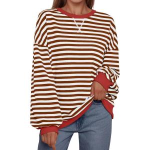 imageTrendy Queen Oversized Sweatshirt for Women 2025 Summer Crewneck Striped Long Sleeve Shirts Hoodies Cute Top Y2K OutfitsBrownwhite
