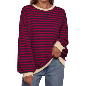 imageTrendy Queen Oversized Sweatshirt for Women 2025 Summer Crewneck Striped Long Sleeve Shirts Hoodies Cute Top Y2K OutfitsBurgundyblue