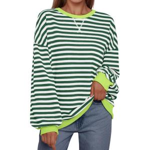 imageTrendy Queen Oversized Sweatshirt for Women 2025 Summer Crewneck Striped Long Sleeve Shirts Hoodies Cute Top Y2K OutfitsGreenwhite