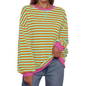imageTrendy Queen Oversized Sweatshirt for Women 2025 Summer Crewneck Striped Long Sleeve Shirts Hoodies Cute Top Y2K OutfitsOrangegreen