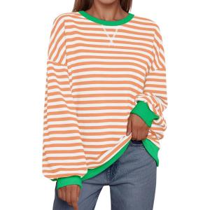 imageTrendy Queen Oversized Sweatshirt for Women 2025 Summer Crewneck Striped Long Sleeve Shirts Hoodies Cute Top Y2K OutfitsOrangewhite