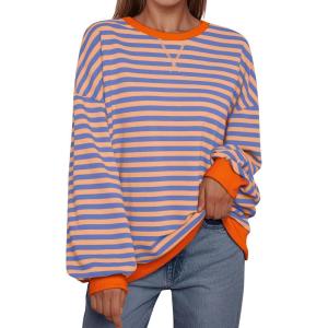 imageTrendy Queen Oversized Sweatshirt for Women 2025 Summer Crewneck Striped Long Sleeve Shirts Hoodies Cute Top Y2K OutfitsPinkblue