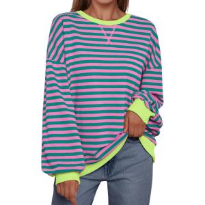 imageTrendy Queen Oversized Sweatshirt for Women 2025 Summer Crewneck Striped Long Sleeve Shirts Hoodies Cute Top Y2K OutfitsPinkgreen