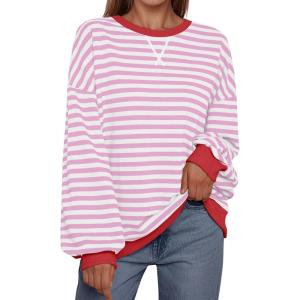 imageTrendy Queen Oversized Sweatshirt for Women 2025 Summer Crewneck Striped Long Sleeve Shirts Hoodies Cute Top Y2K OutfitsPinkwhite
