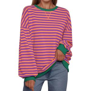 imageTrendy Queen Oversized Sweatshirt for Women 2025 Summer Crewneck Striped Long Sleeve Shirts Hoodies Cute Top Y2K OutfitsPurpleyellow