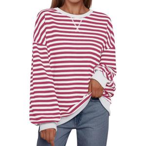 imageTrendy Queen Oversized Sweatshirt for Women 2025 Summer Crewneck Striped Long Sleeve Shirts Hoodies Cute Top Y2K OutfitsRaspberrywhite