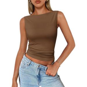 imageTrendy Queen Women Going Out Summer Tank Tops Spring Casual Basic Cute 2025 Sleeveless Shirt Vacation Fashion Outfit ClothesCoffee