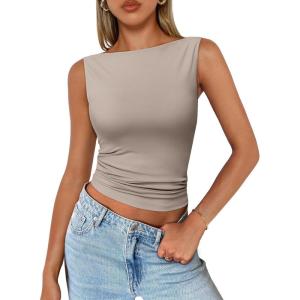 imageTrendy Queen Women Going Out Summer Tank Tops Spring Casual Basic Cute 2025 Sleeveless Shirt Vacation Fashion Outfit ClothesCoffee Grey