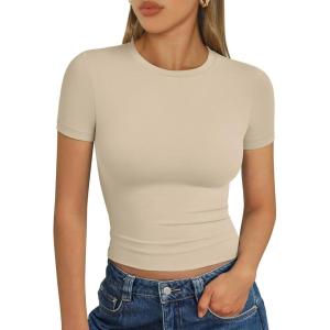 imageTrendy Queen Womens Basic T Shirts Summer Tops 2025 Short Sleeve Crop Tops Slim Fit Gym Workout Y2k ClothesBeige