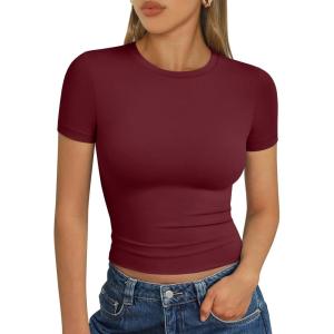 imageTrendy Queen Womens Basic T Shirts Summer Tops 2025 Short Sleeve Crop Tops Slim Fit Gym Workout Y2k ClothesBurgundy