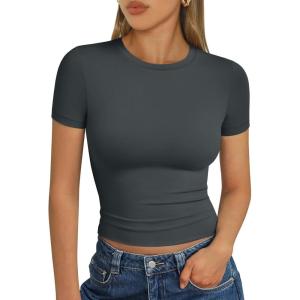 imageTrendy Queen Womens Basic T Shirts Summer Tops 2025 Short Sleeve Crop Tops Slim Fit Gym Workout Y2k ClothesGray