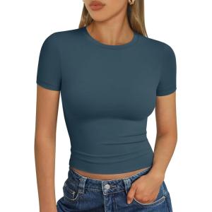 imageTrendy Queen Womens Basic T Shirts Summer Tops 2025 Short Sleeve Crop Tops Slim Fit Gym Workout Y2k ClothesHaze Blue