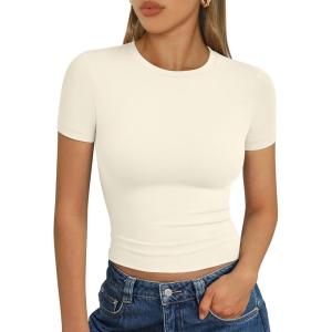 imageTrendy Queen Womens Basic T Shirts Summer Tops 2025 Short Sleeve Crop Tops Slim Fit Gym Workout Y2k ClothesLight Apricot
