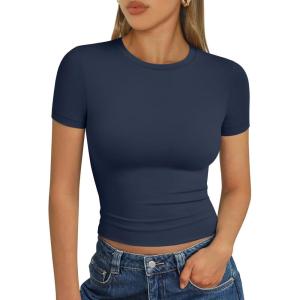 imageTrendy Queen Womens Basic T Shirts Summer Tops 2025 Short Sleeve Crop Tops Slim Fit Gym Workout Y2k ClothesNavy