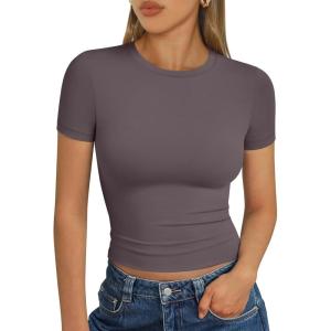 imageTrendy Queen Womens Basic T Shirts Summer Tops 2025 Short Sleeve Crop Tops Slim Fit Gym Workout Y2k ClothesNutmeg