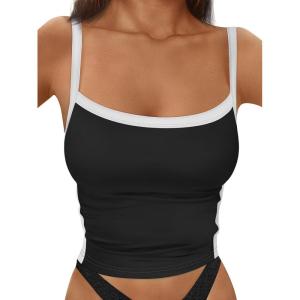 imageTrendy Queen Womens Double Lined Tank Tops Spaghetti Strap Square Neck Camisole Sleeveless Racerback Cropped Summer ClothesBlack