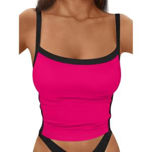 imageTrendy Queen Womens Double Lined Tank Tops Spaghetti Strap Square Neck Camisole Sleeveless Racerback Cropped Summer ClothesHotpink