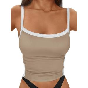 imageTrendy Queen Womens Double Lined Tank Tops Spaghetti Strap Square Neck Camisole Sleeveless Racerback Cropped Summer ClothesKhaki