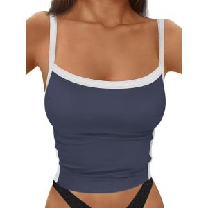 imageTrendy Queen Womens Double Lined Tank Tops Spaghetti Strap Square Neck Camisole Sleeveless Racerback Cropped Summer ClothesNavy