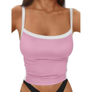 imageTrendy Queen Womens Double Lined Tank Tops Spaghetti Strap Square Neck Camisole Sleeveless Racerback Cropped Summer ClothesPink