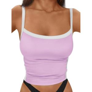 imageTrendy Queen Womens Double Lined Tank Tops Spaghetti Strap Square Neck Camisole Sleeveless Racerback Cropped Summer ClothesPurple