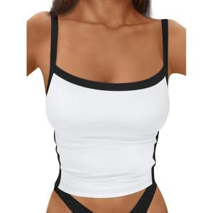 imageTrendy Queen Womens Double Lined Tank Tops Spaghetti Strap Square Neck Camisole Sleeveless Racerback Cropped Summer ClothesWhite