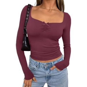 imageTrendy Queen Womens Going Out Tops Long Sleeve Top Trendy Cute Shirt Y2k Clothing Fall Fashion Clothes 2025Wine Red