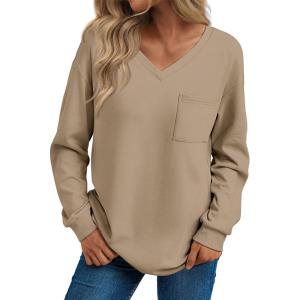 imageTrendy Queen Womens Long Sleeve Tops Casual Shirts V Neck Clothing Fall Fashion Clothes with PocketCoffee Grey