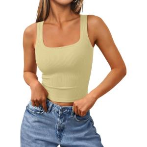 imageTrendy Queen Womens Summer Square Neck Tank Tops Workout Cropped Ribbed Summer Camisole Sleeveless Clothes 2025Beige
