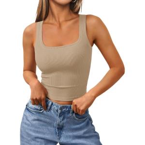 imageTrendy Queen Womens Summer Square Neck Tank Tops Workout Cropped Ribbed Summer Camisole Sleeveless Clothes 2025Coffeegrey