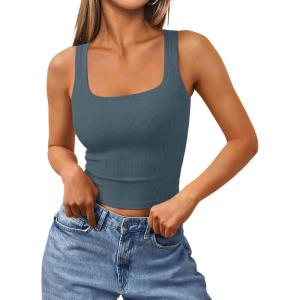 imageTrendy Queen Womens Summer Square Neck Tank Tops Workout Cropped Ribbed Summer Camisole Sleeveless Clothes 2025Grey Blue