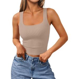 imageTrendy Queen Womens Summer Square Neck Tank Tops Workout Cropped Ribbed Summer Camisole Sleeveless Clothes 2025Nude