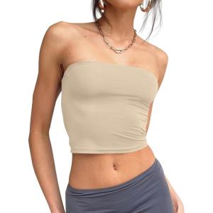 imageTrendy Queen Womens Tube Tops Strapless Crop Tops Basic Backless Sleeveless Bandeau Going Out Cute 2025 Summer OutfitsKhaki