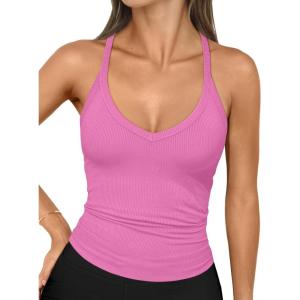 imageTrendy Queen Womens Workout Tank Tops Racerback Summer 2025 Camisole Top V Neck Ribbed Sleeveless Beach Fashion ClothesBarbiepink