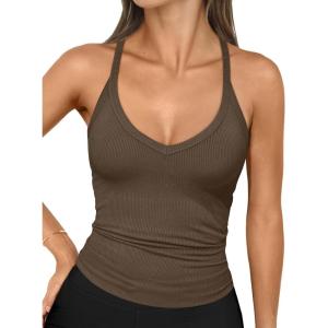imageTrendy Queen Womens Workout Tank Tops Racerback Summer 2025 Camisole Top V Neck Ribbed Sleeveless Beach Fashion ClothesCoffee