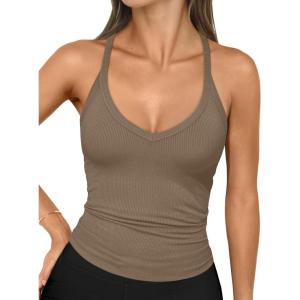 imageTrendy Queen Womens Workout Tank Tops Racerback Summer 2025 Camisole Top V Neck Ribbed Sleeveless Beach Fashion ClothesCoffeegrey